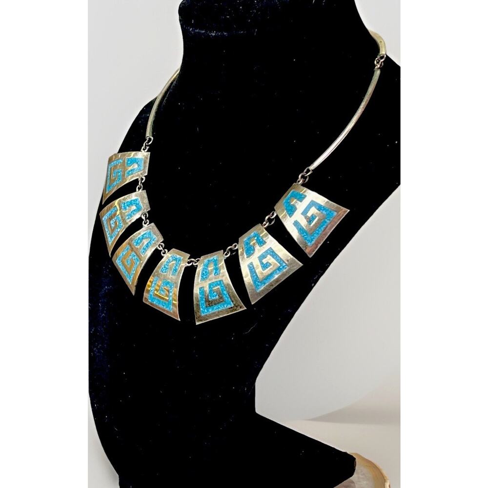 Vintage Mexico Alpaca Silver Turquoise Chip Inlay Collar Statement Necklace - Picture 2 of 12